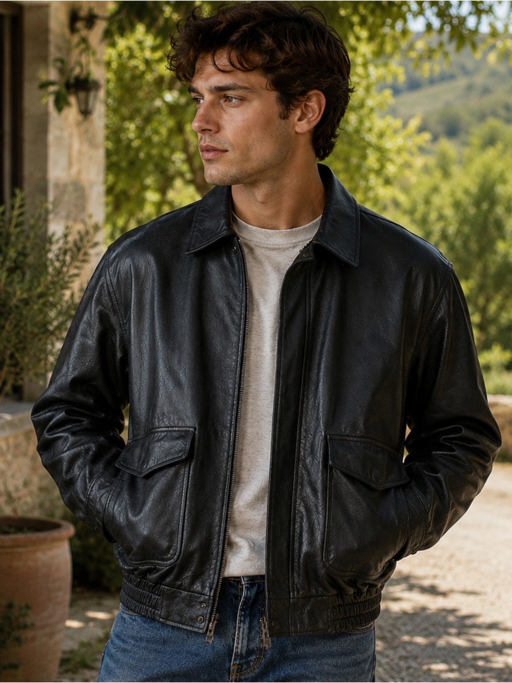 Vintage Cougar Black Leather Bomber Jacket for Men